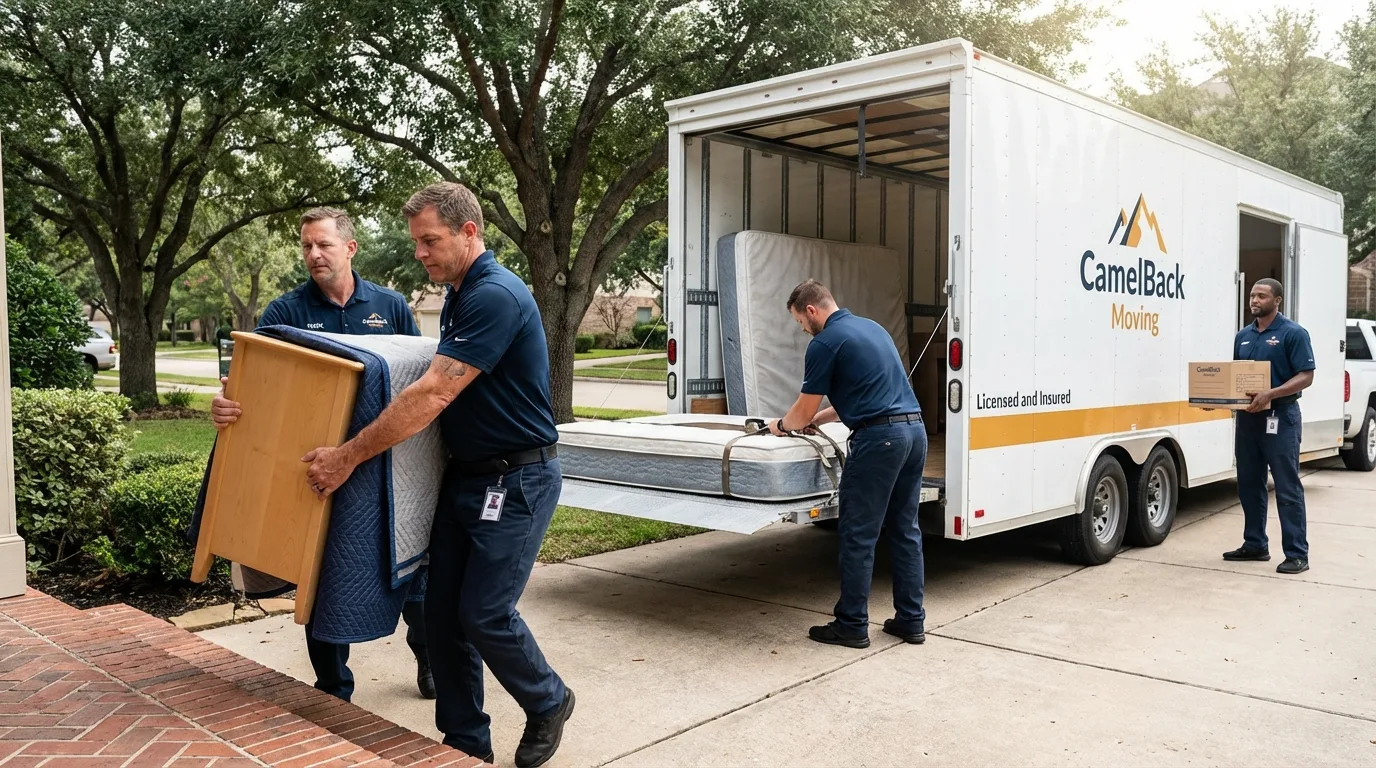 Crew loading residential truck for cross-state move from Steilacoom, WA