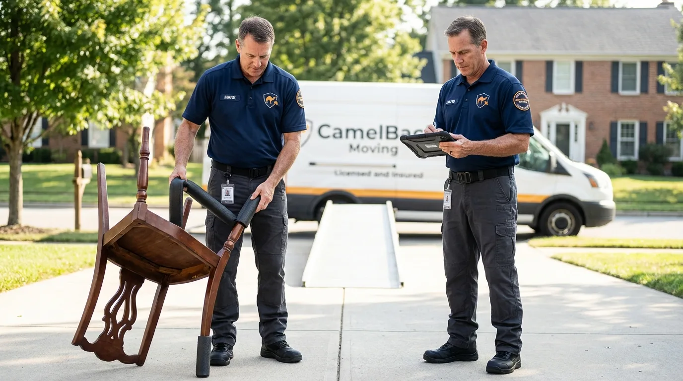 Movers inspecting furniture for damage prevention before loading in Steilacoom, WA