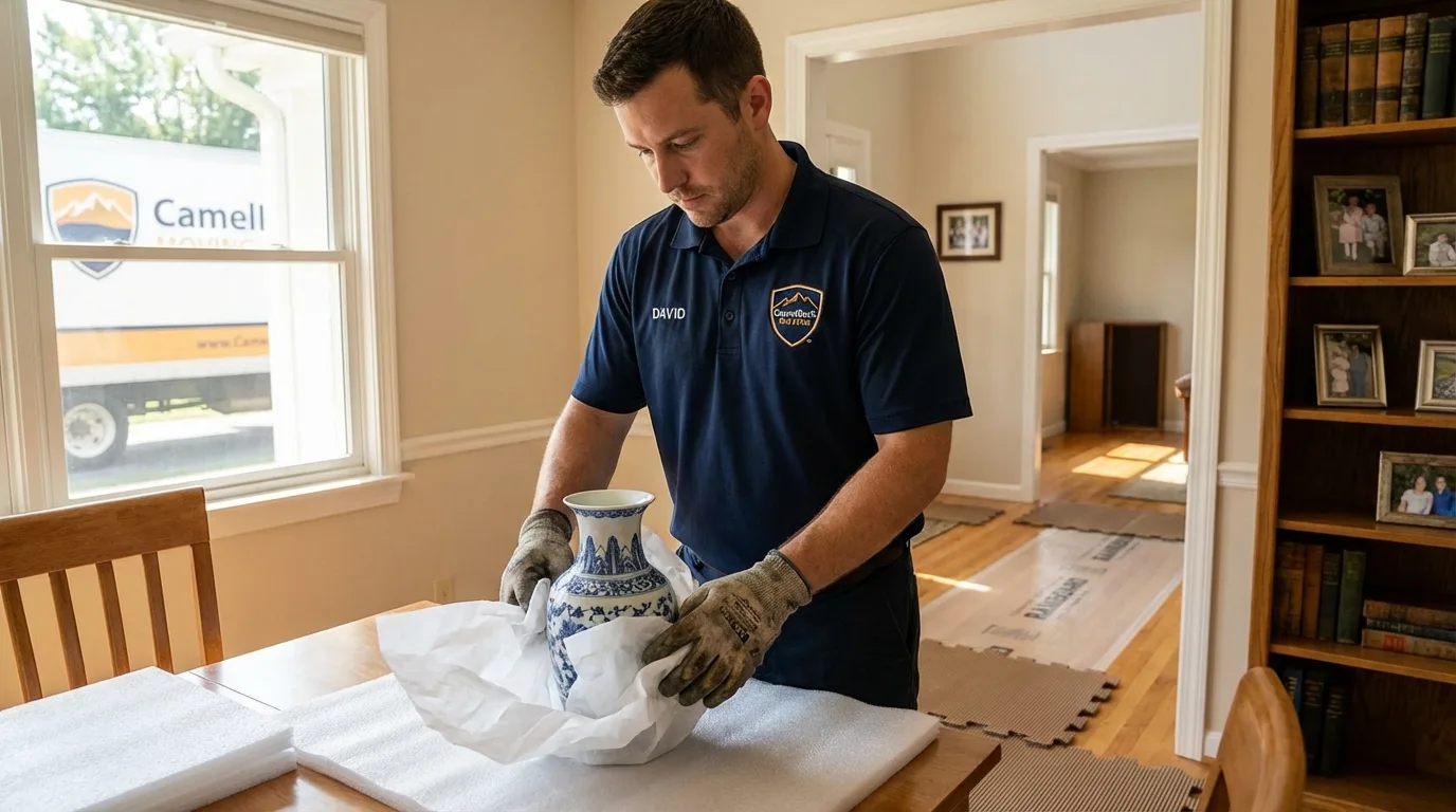 Professional crew carefully wrapping antique vase for senior downsizing move in Steilacoom, WA