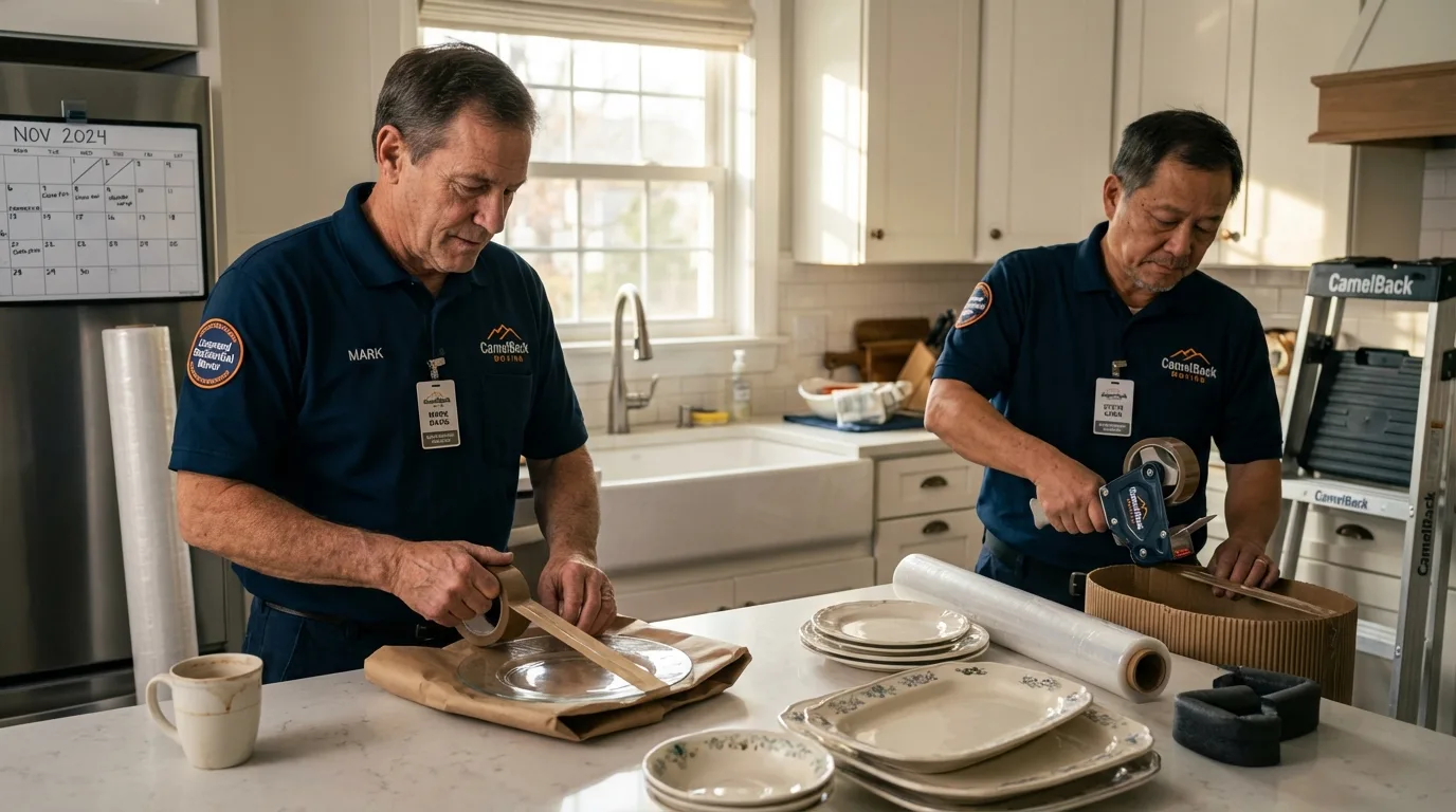 Professional crew packing kitchen dishware in Steilacoom, WA